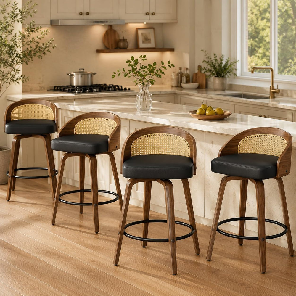 REONEY Swivel Bar Stools Set of 4, 26" Counter Height, Rattan Black