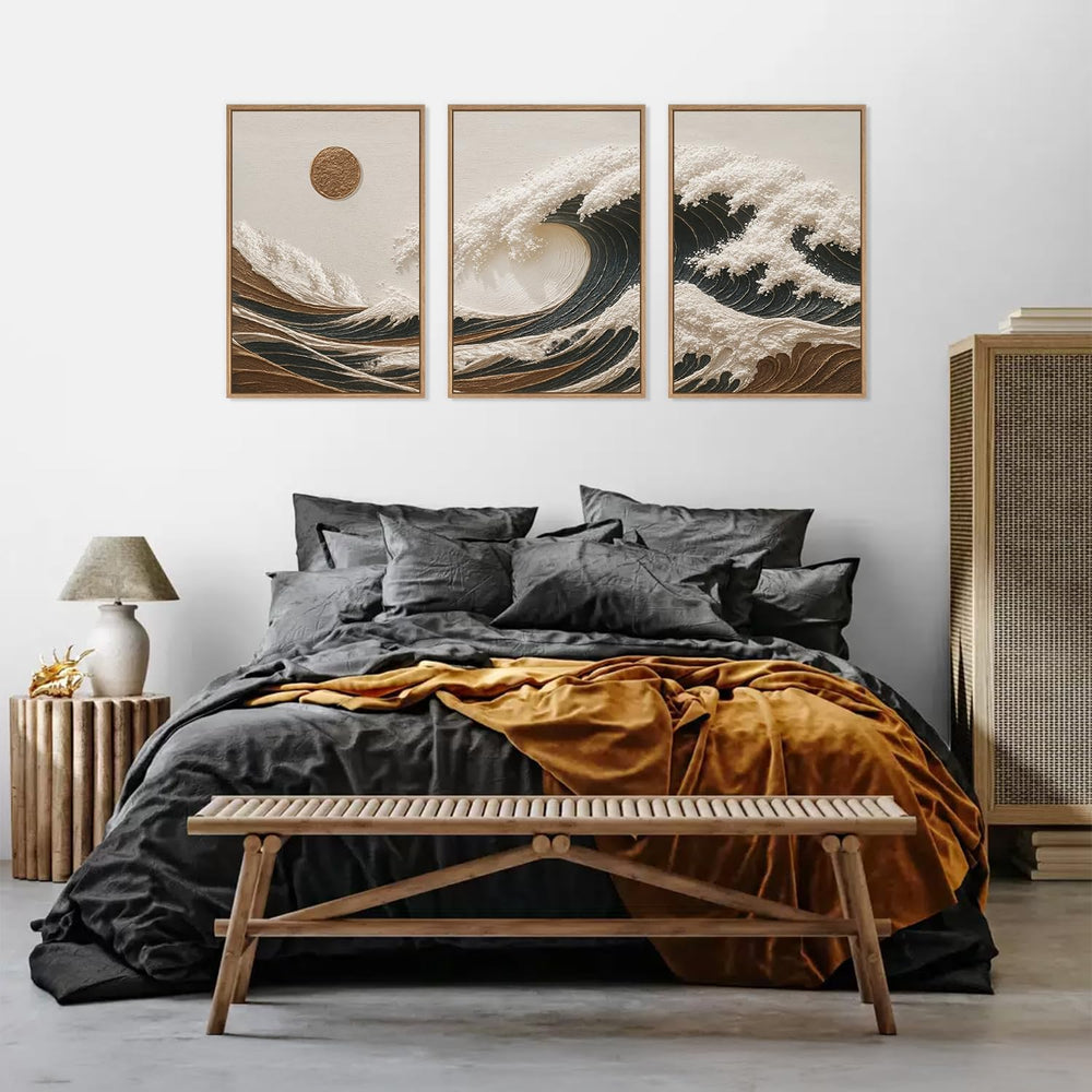 HLNIUC Sea Wave Framed Canvas Wall Art,Abstract Sun Seascape Wall Decor Set o...
