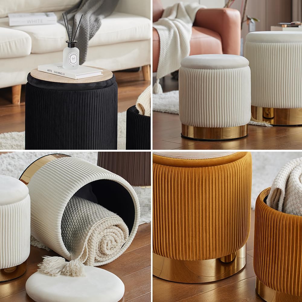 Round Ottoman with Storage Set of 2 Black Vanity Stool Foot Rest