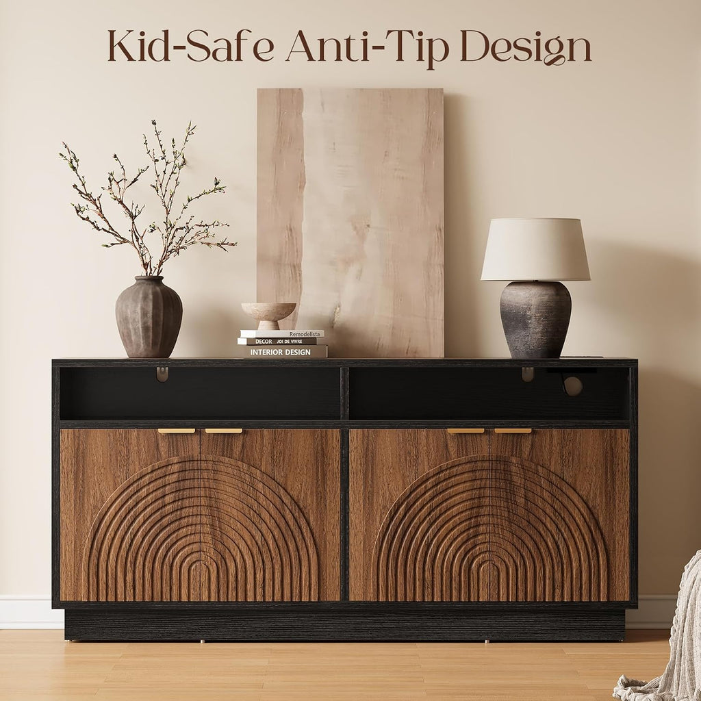 Modern Sideboard Buffet Cabinet with Storage - 58" Fluted Coffee Bar Cabinet with LED Light & Power Outlet, Adjustable Shelf, Credenza Strorage Cabinet, Accent Console for Kitchen Living Room