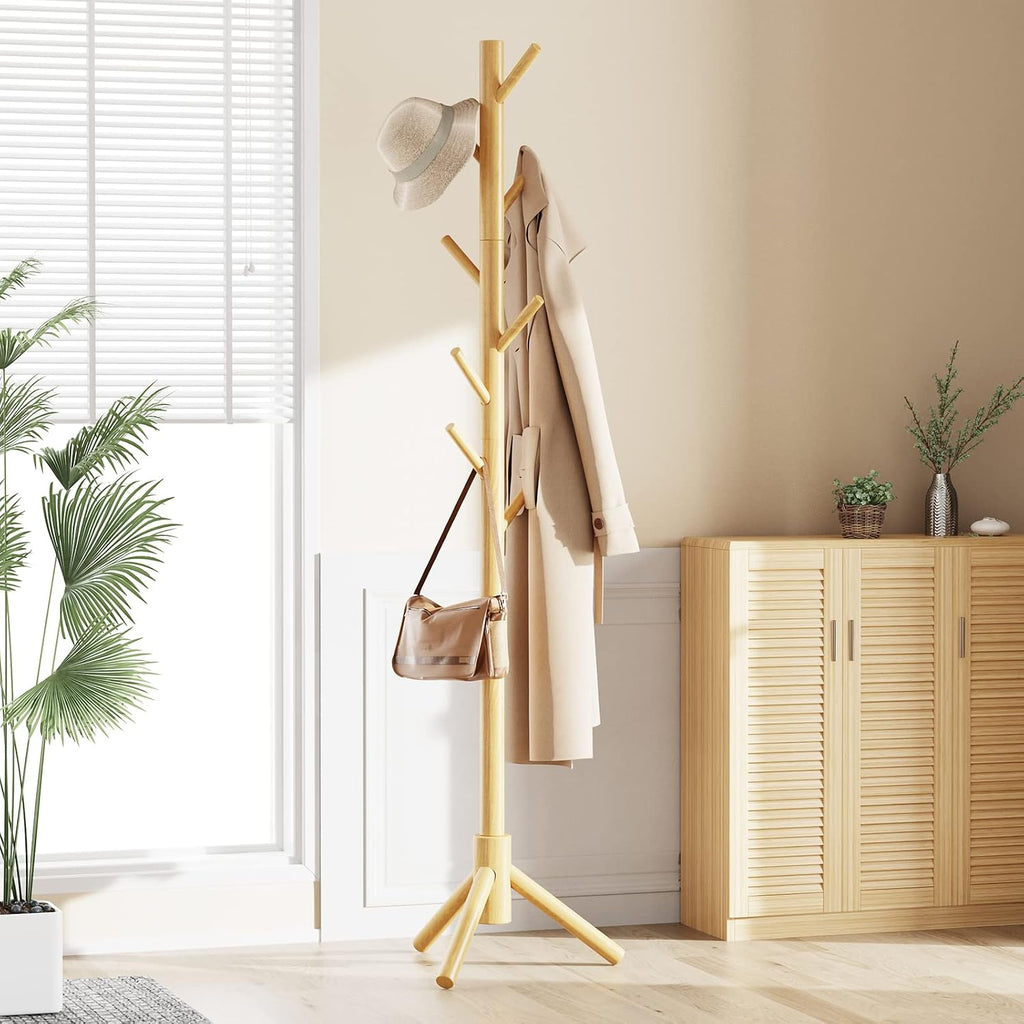 Pipishell Solid Wooden Coat Rack Freestanding with 8 Hooks, Natural
