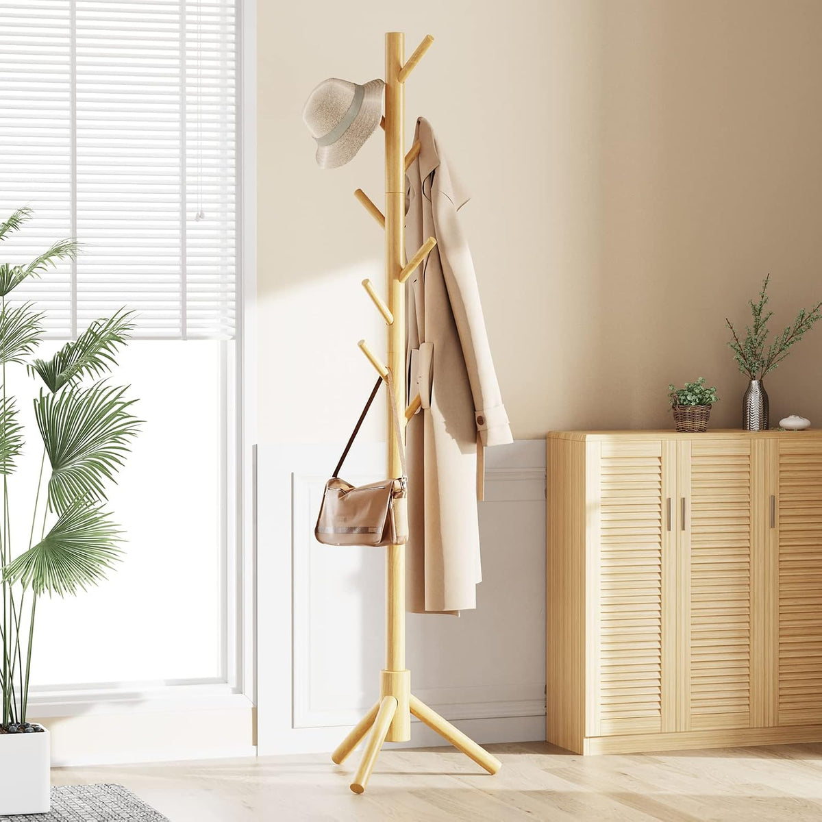 Pipishell Solid Wooden Coat Rack Freestanding with 8 Hooks, Natural