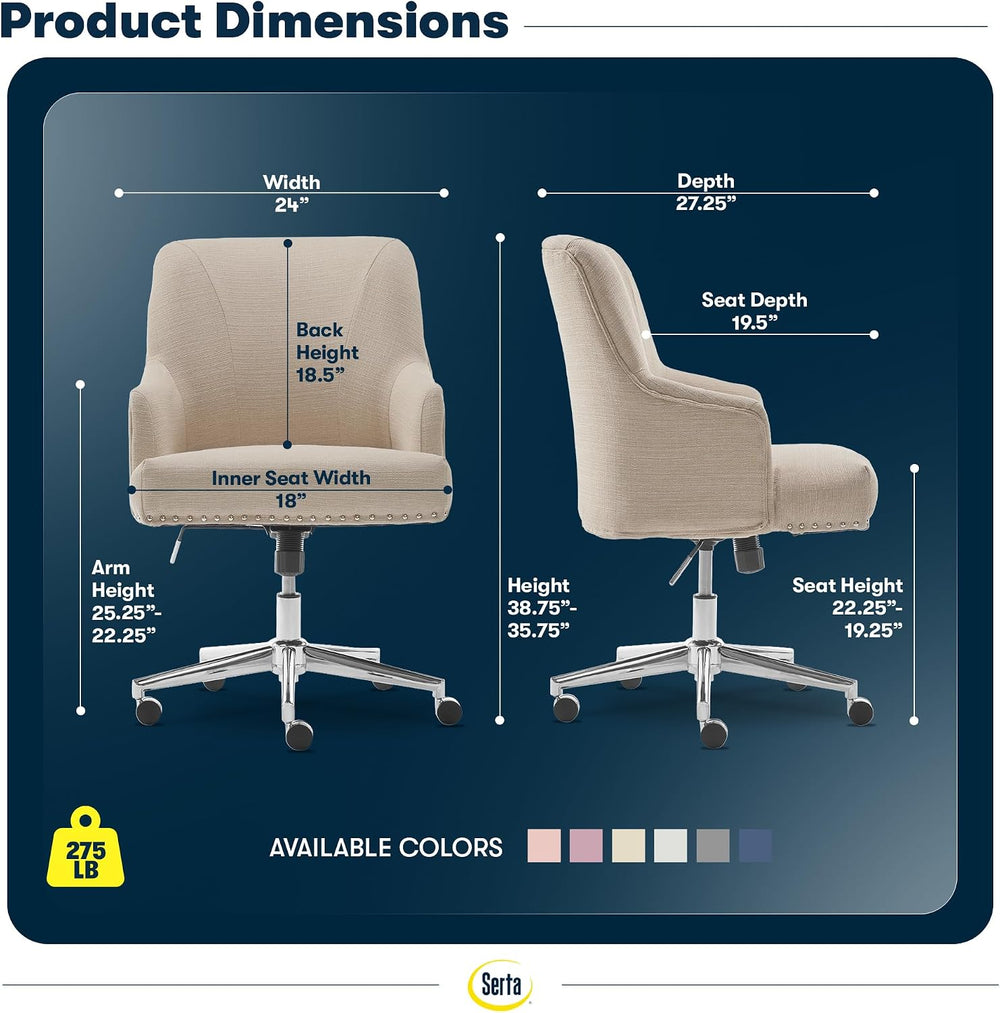 Serta Leighton Home Office Desk Chair, Mid-Back with Chrome Nailheads, Memory...