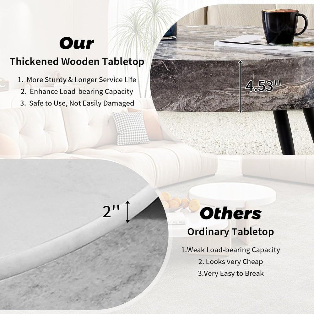 Round Coffee Table, Small Wood Marble Coffee Table with Metal Legs, Modern Mi...