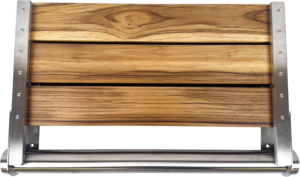 Teak Shower Seat Bench with Back, Brushed Stainless, 24 in