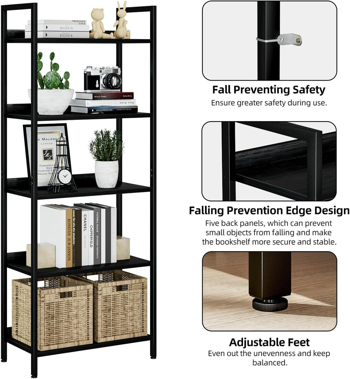 numenn bookshelf, 5 tier freestanding shelving unit, black, package contents