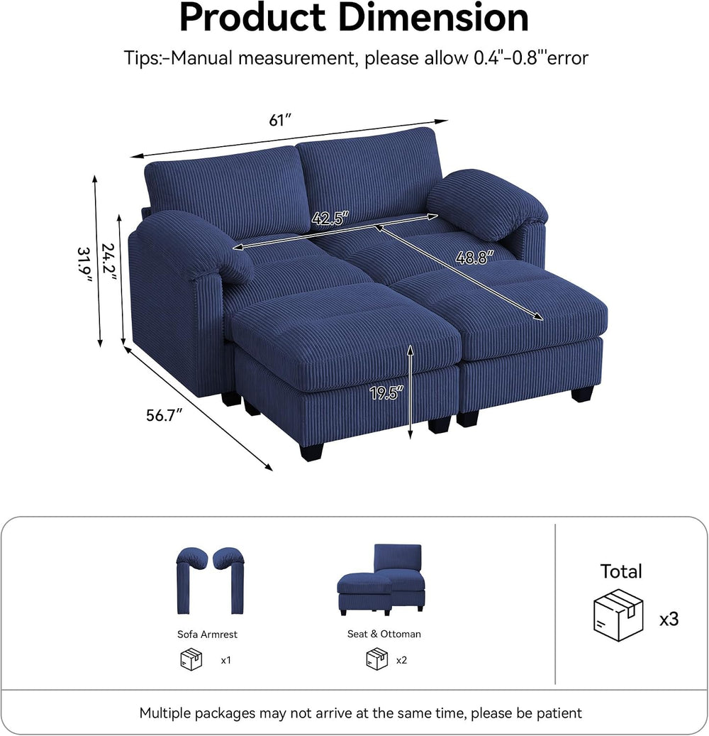 Modular Sectional Sofa, 61'' Corduroy Deep Seat Couch with 2 Ottoman,...