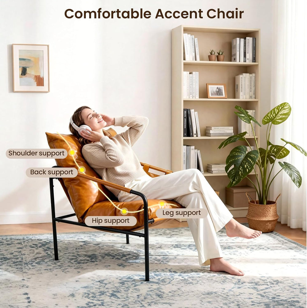 Modern Bright Orange Oversized Faux Leather Chair, Recliner Armchair, Comfy A...