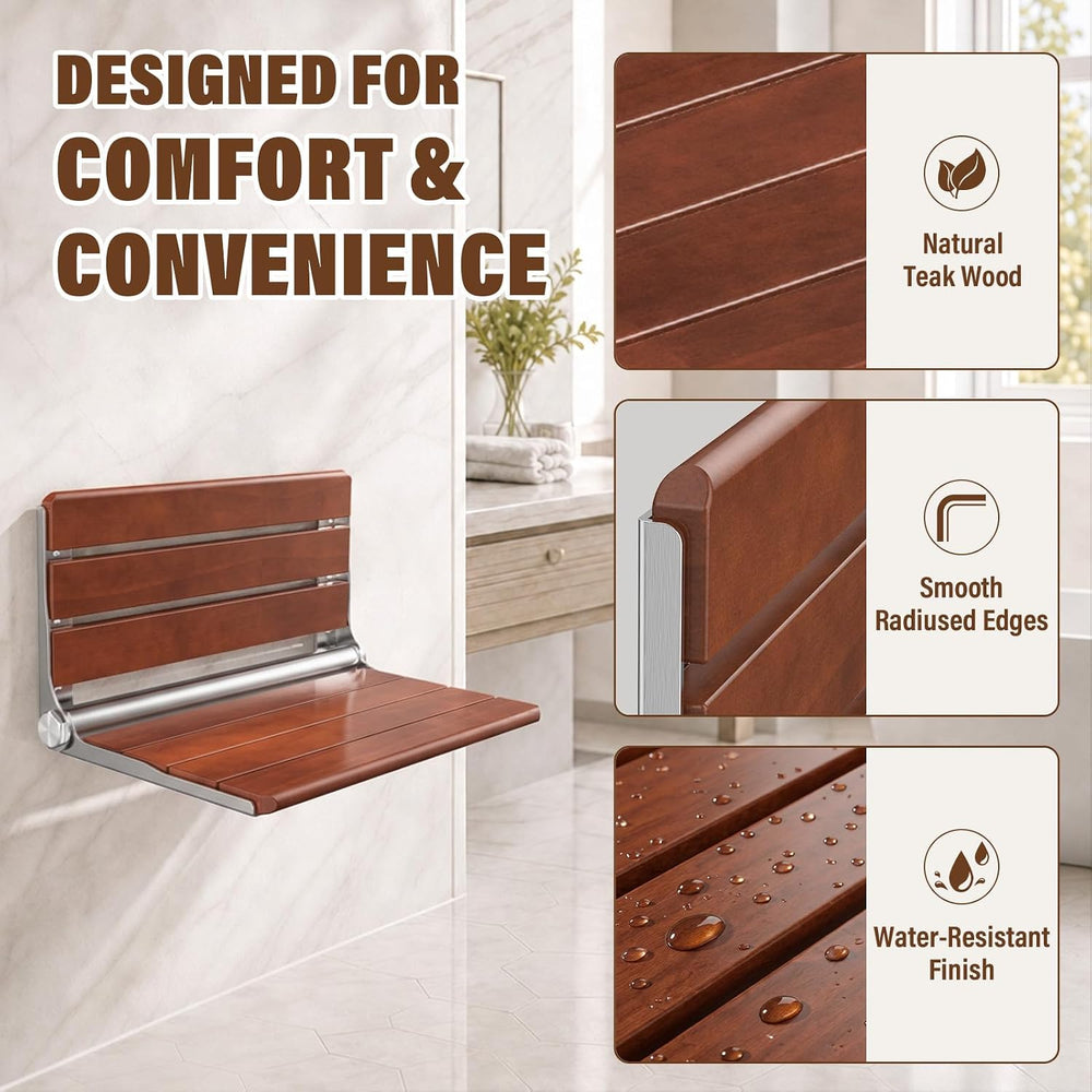 17" Folding Shower Seat Wall Mounted, Foldable Teak Shower Bench, Max 440lb