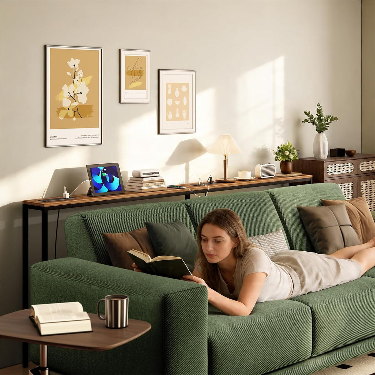 Bathola 80.7'' Behind Couch Table with 2 Outlets, Sofa Tables Narrow Long