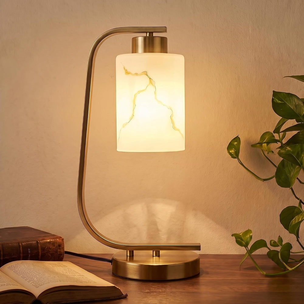 Modern Industrial Table Lamp, Marble Pattern Glass Shade Desk Lamp with C-Sha...