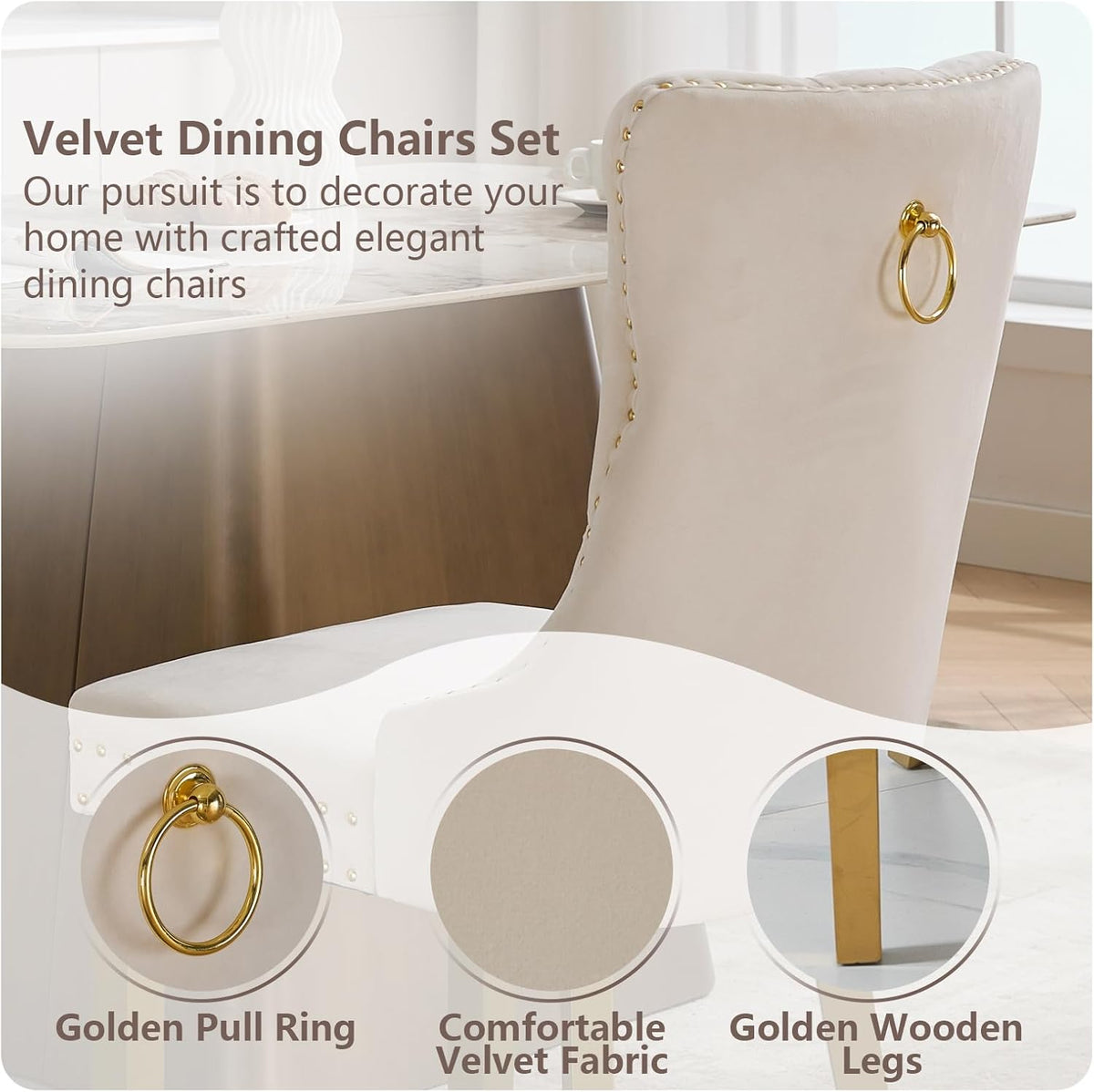 Cream Velvet Dining Chairs Set of 2, Ring Pull, Golden Solid Wood Legs