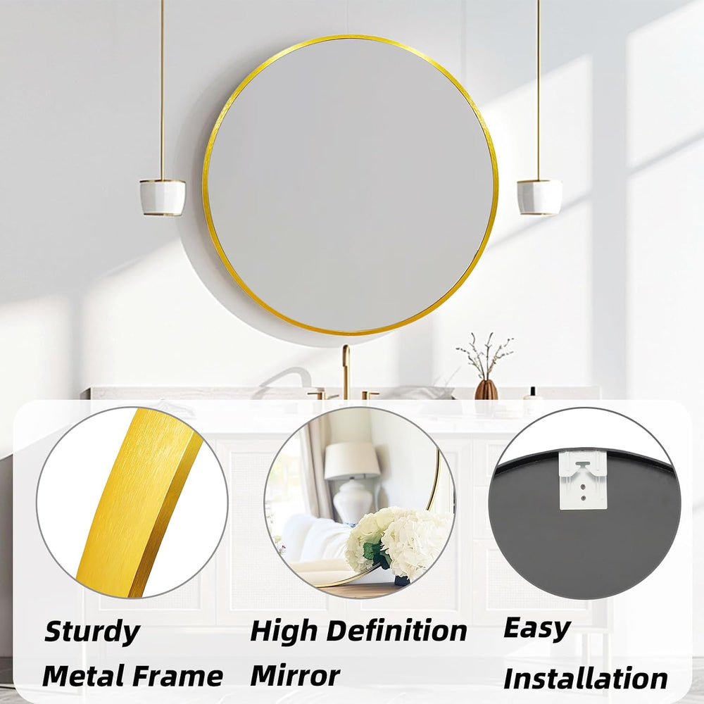 Round Mirror 30 inch Gold, Circle Mirror, Brushed Gold Metal Frame