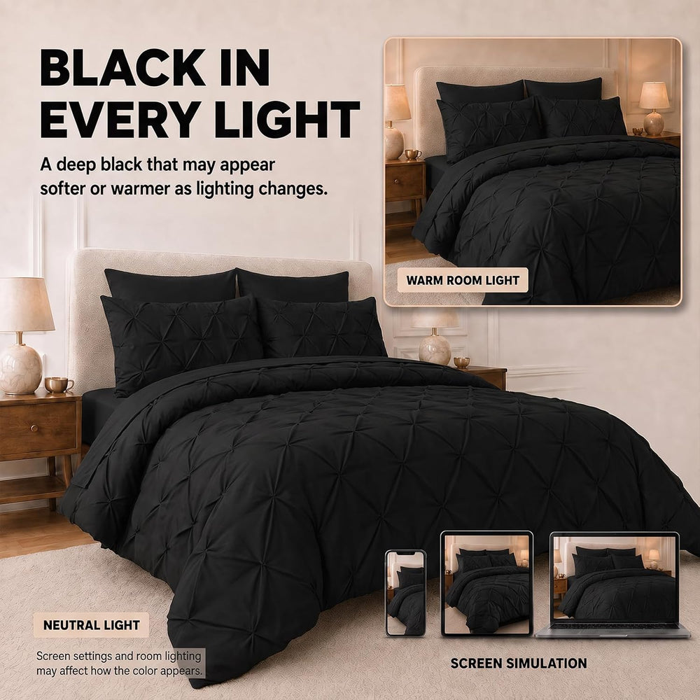 HIMEET Queen Comforter Set Black - 7 Pieces Pintuck Bed in a Bag