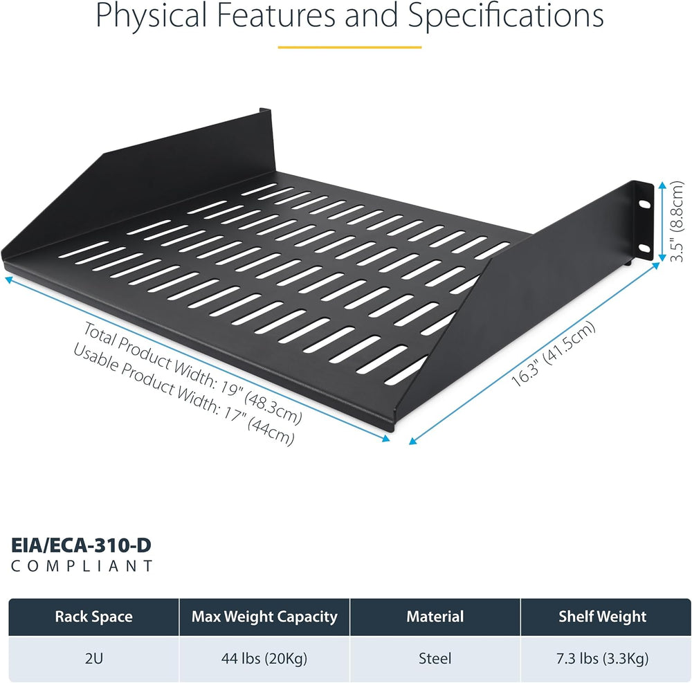 StarTech 2U Vented Server Rack Shelf, 16in, 44lb (CABSHELFV2U-16-RACK)
