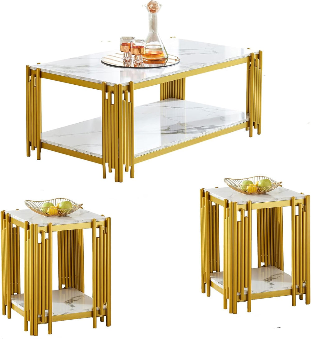 3 Pieces Living Room Table Set, White Faux Marble Coffee Table Set of 3, Mode...