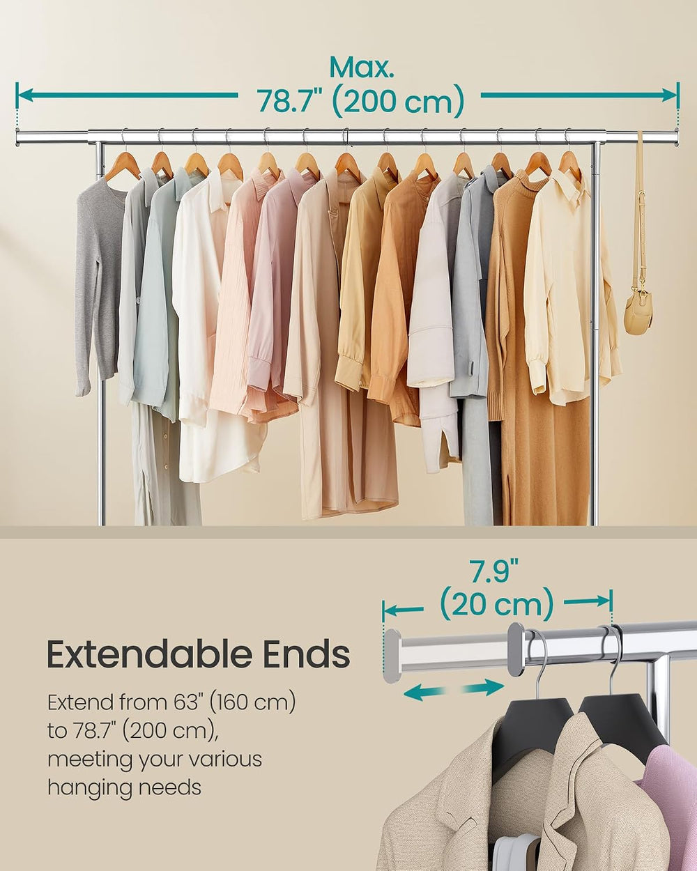 SONGMICS Clothes Rack with Wheels, Heavy-Duty, Extendable Hanging Rod