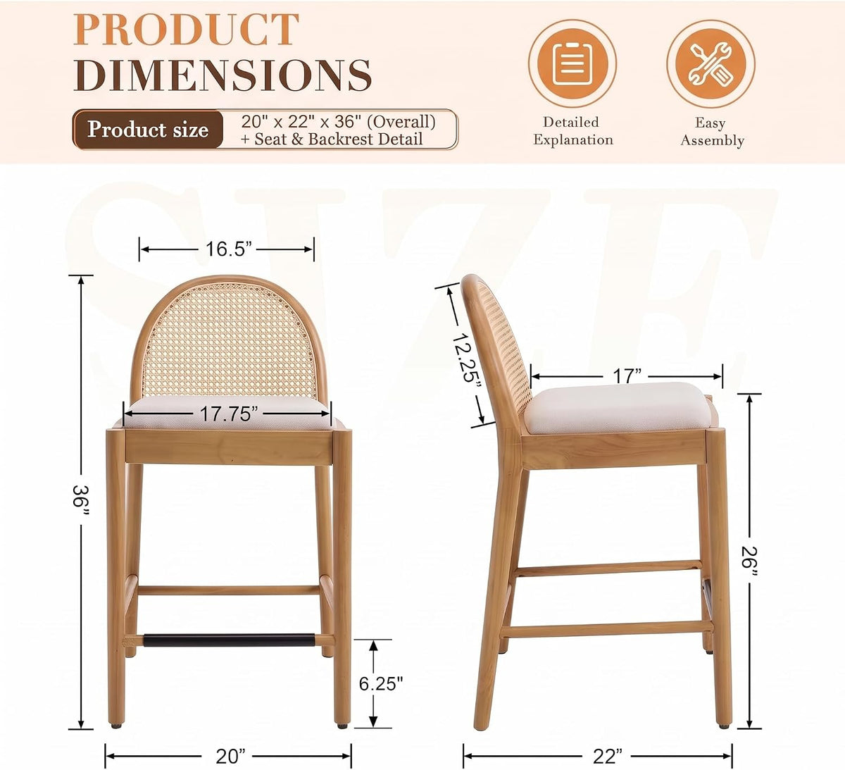 DUOMAY Modern Counter Stools Set of 4, 26 Inch Seat Height Counter Height Barstools Wooden Linen Upholstered Bar Stools with Oval Rattan Backrest Armless Kitchen Island Stool Chair, Beige