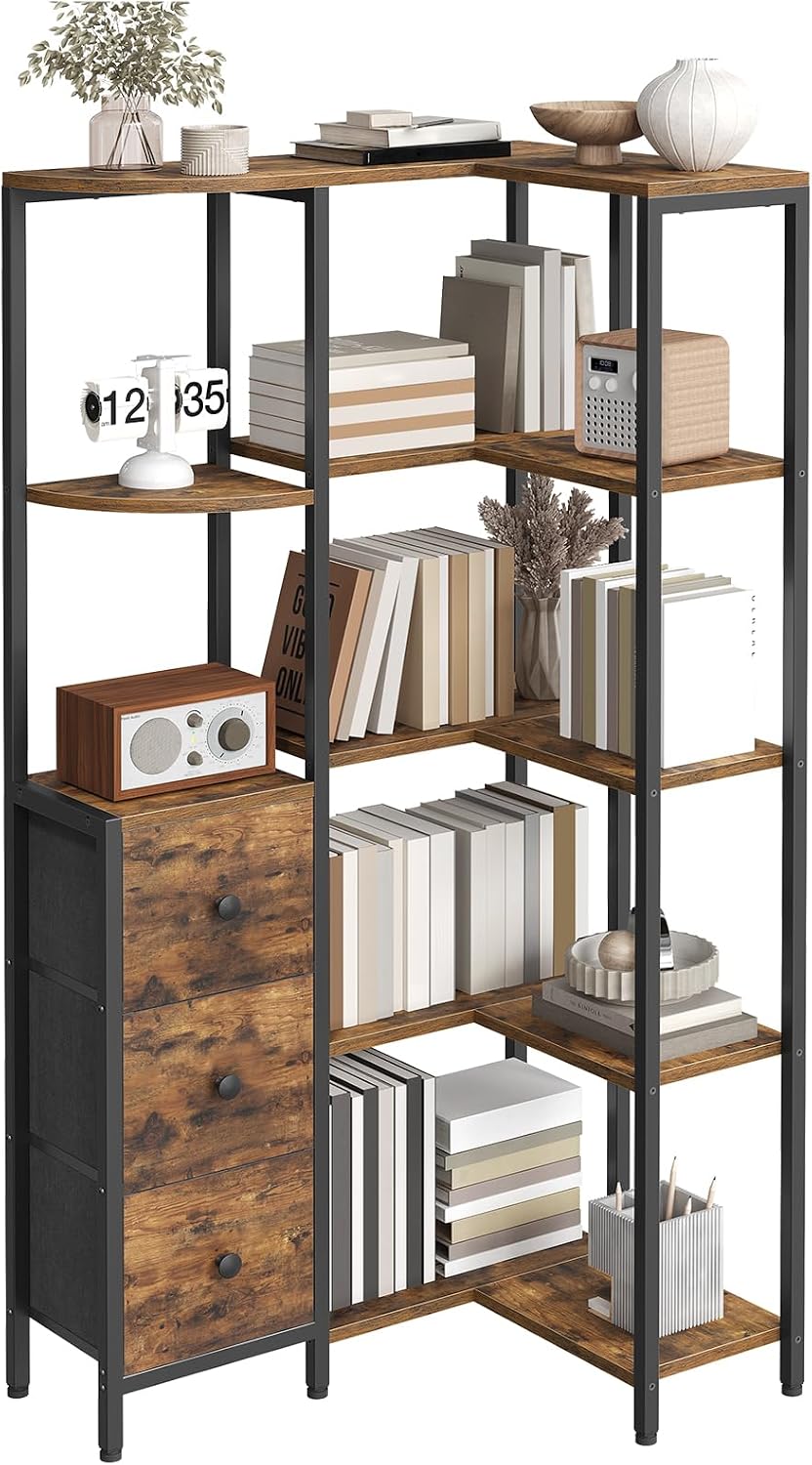 YATINEY Corner Bookshelf, 5-Tier L-Shaped Bookcase with 3 Fabric Drawers, Storage Display Shelf, Freestanding Tall Open Shelf, for Living Room, Bedroom, Home Office, Rustic Brown SJ12BR