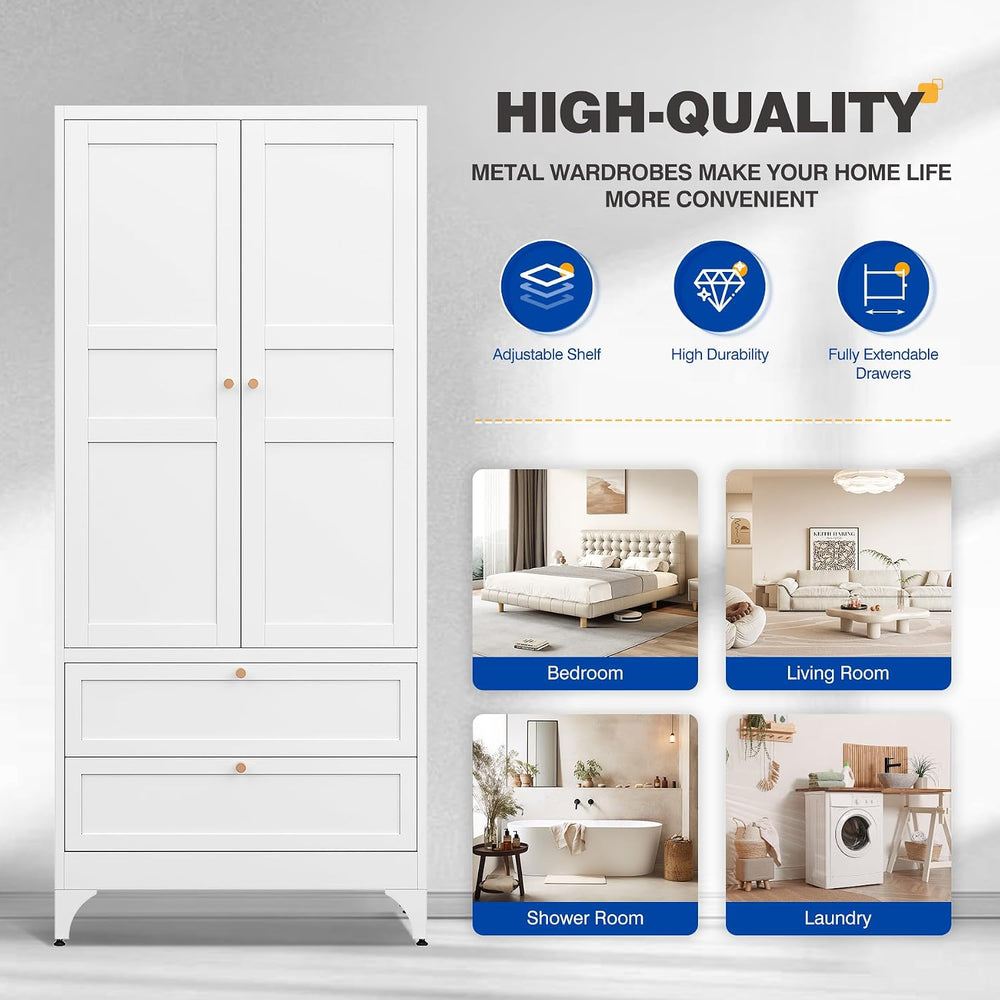 BYNSOE 71" Tall Metal Wardrobe Closet with 2 Drawers, Steel Armoire Cabi...