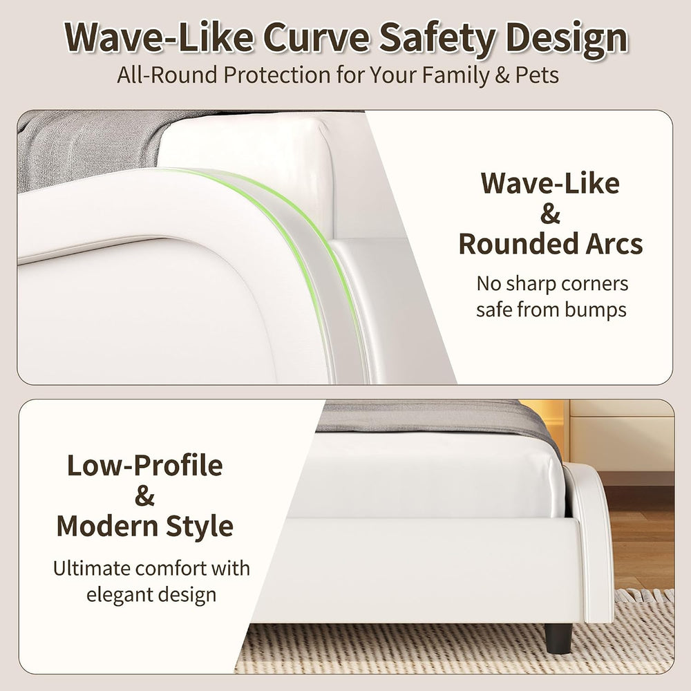 Keyluv King LED Upholstered Bed Frame with Adjustable Headboard, White