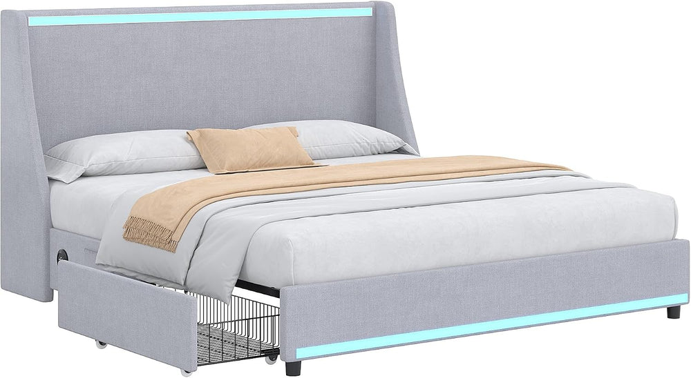 VECELO Full Size Bed Frame with Storage Drawers, Linen Grey