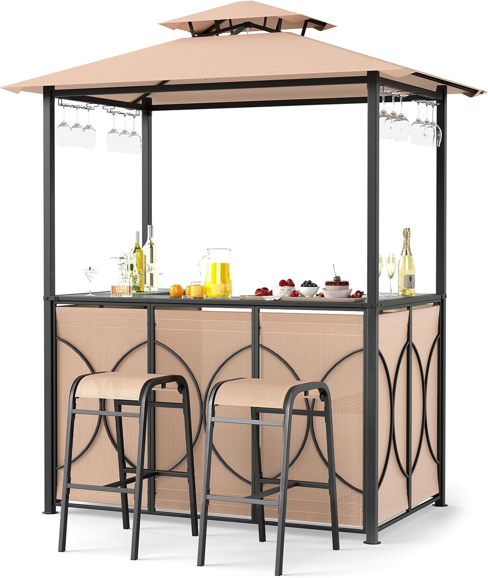 Tangkula 3-Piece Patio Bar Set, Grill Gazebo & 2 Bar Stools with Tempered...