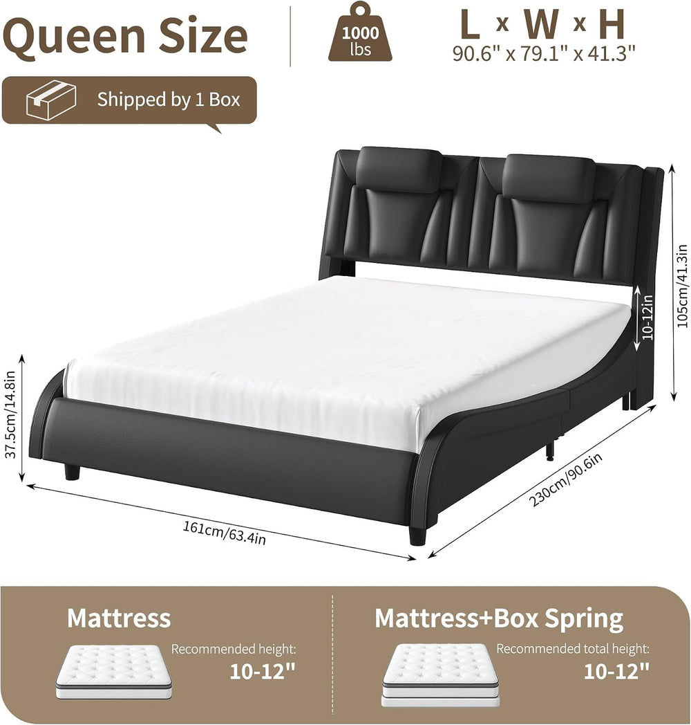 Keyluv Queen LED Upholstered Bed Frame with Adjustable Headboard, Black