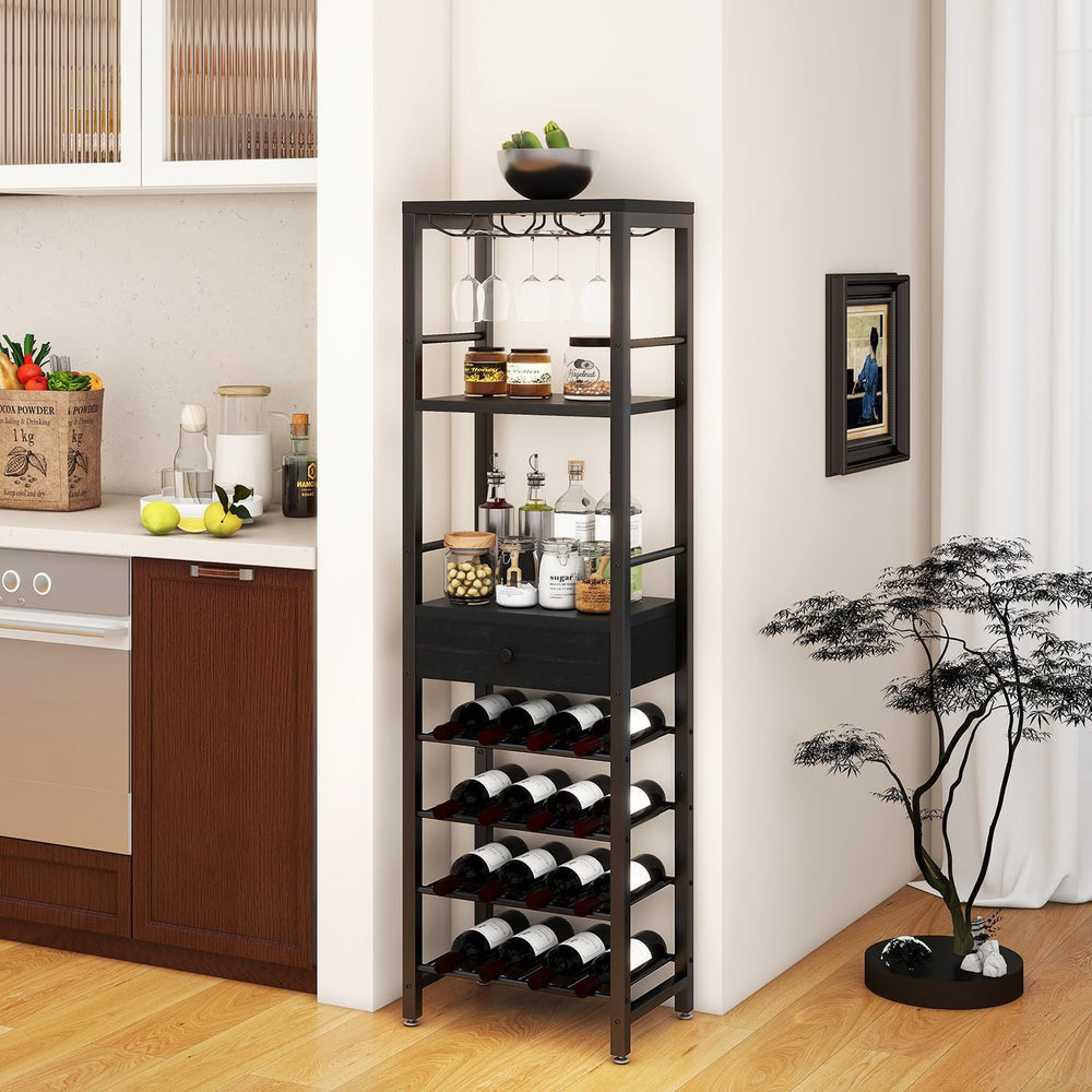 IBUYKE Wine Rack Freestanding Floor with Glass Holder,Black TMJ905B