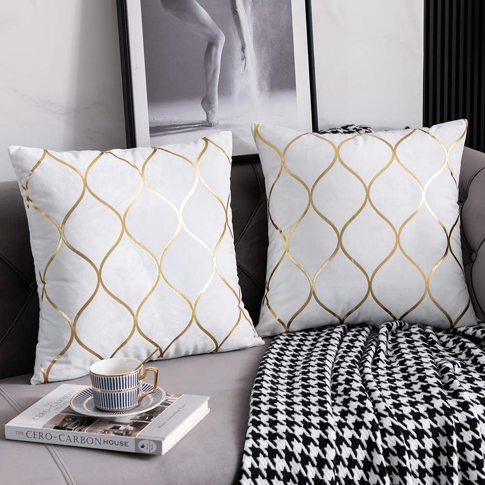 DEZENE Gold Velvet Euro Sham Pillow Covers Off White: 2 Pack 26x26 Inch Squar...