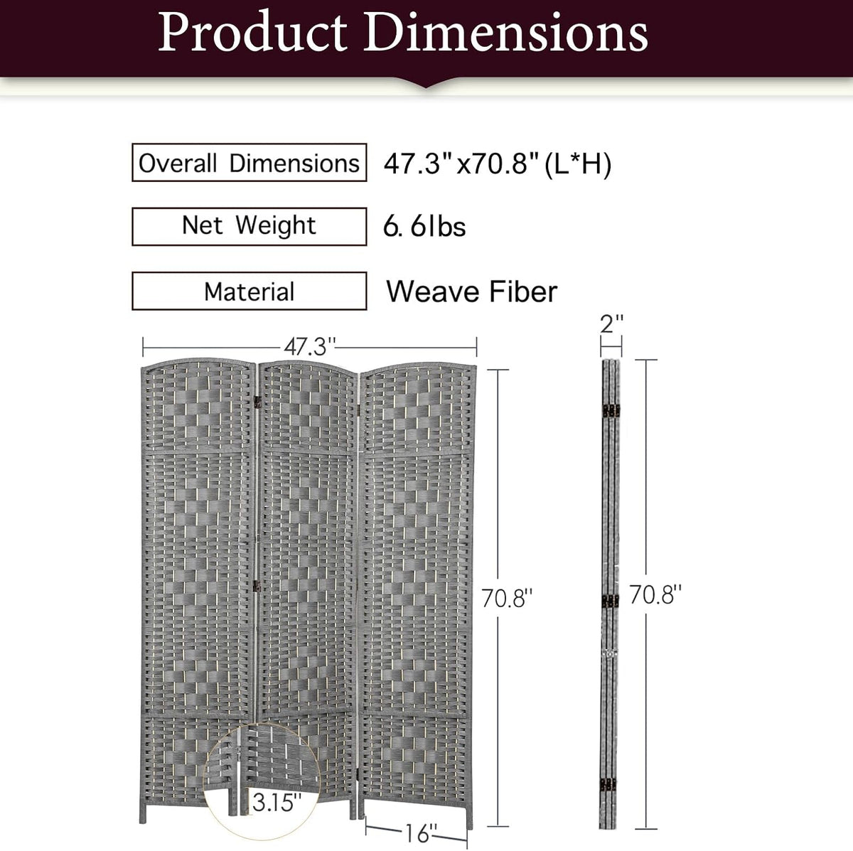 RHF Room Divider Panel,Partition Room Dividers,3 Panel Privacy Screen,Grey