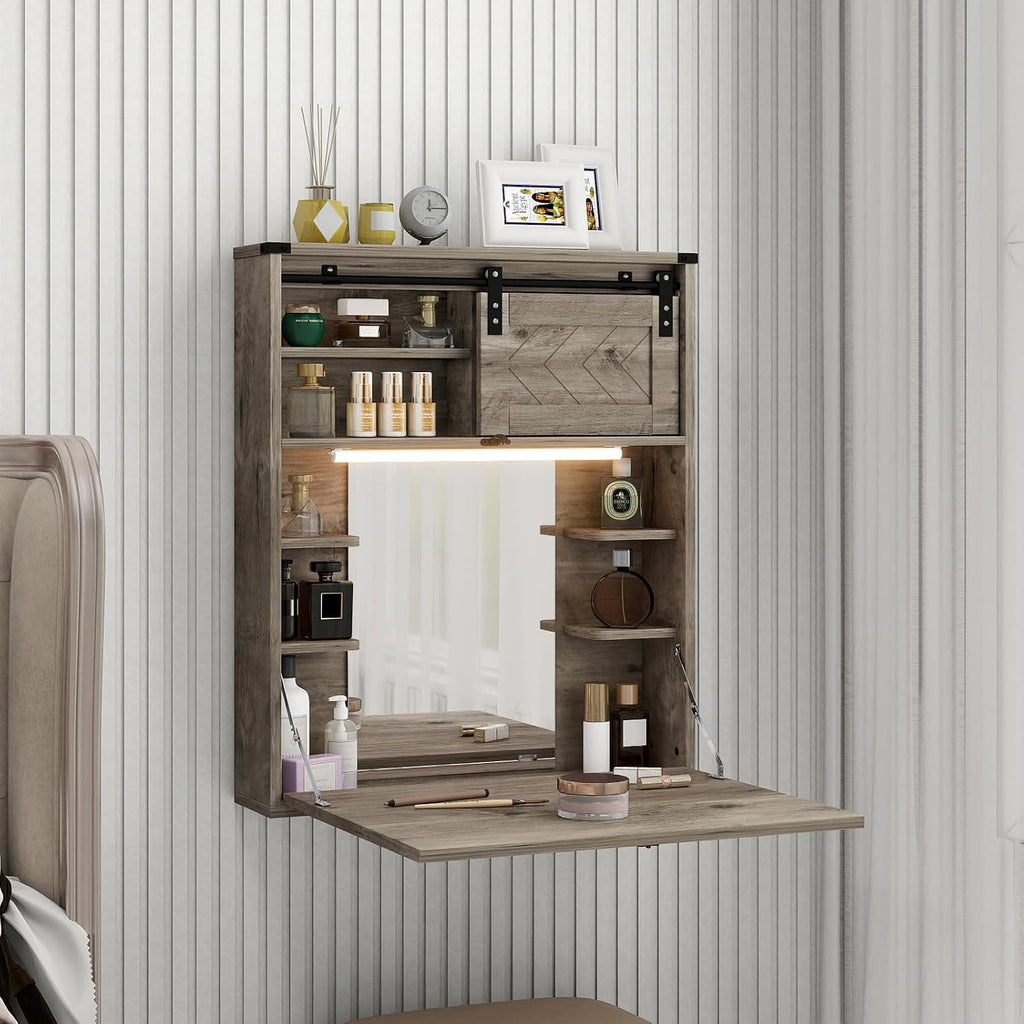 ARTETHYS Floating Vanity Desk with Mirror and Lights Small Wall Mounted Makeup Set with Storage Gray Farmhouse Dressing Table for Tiny Space