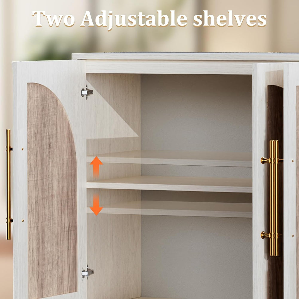 62'' Mid Century Modern Buffet Cabinet with Arch Doors, White and Nat...