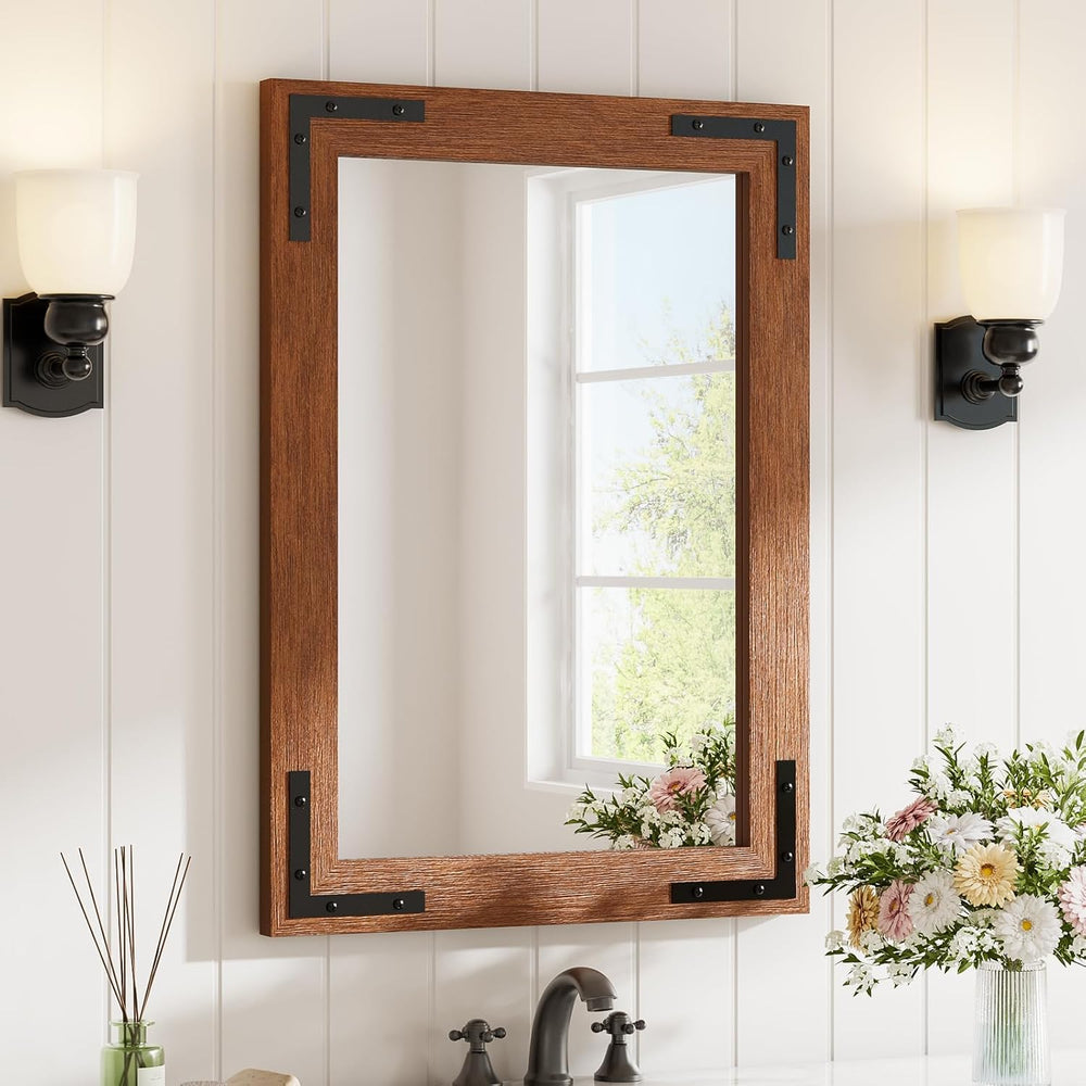 Farmhouse Bathroom Mirror,20"x28" Brown Wood Rectangle Wall Mirror