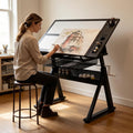 Drafting Desk w/Stool & Storage, Glass Art Table for Artists,Black