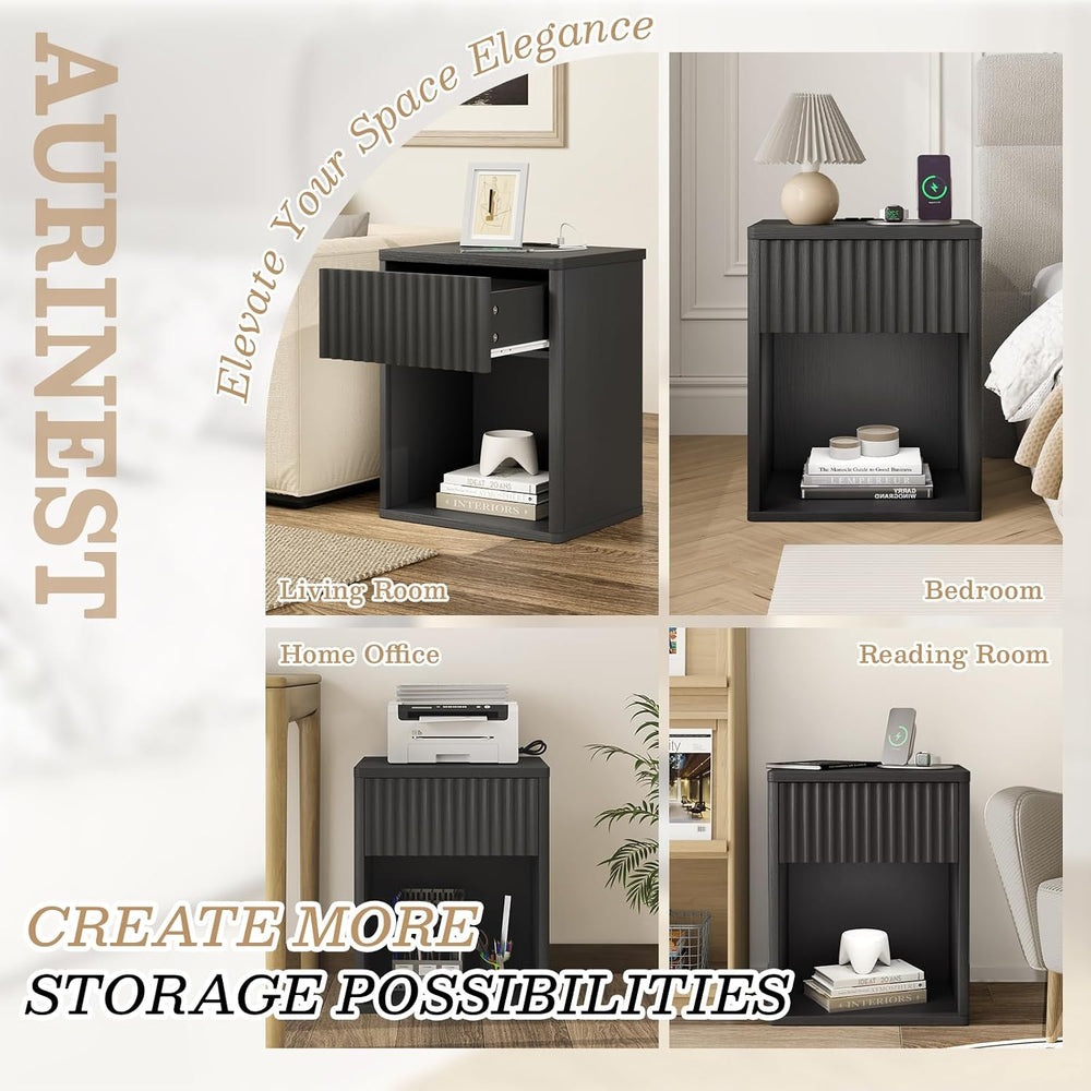 Fluted Black Nightstands Set of 2 w/Charging Station, Wooden End Table Bed Si...