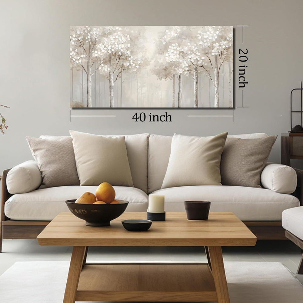 ANCXWOTER Large Forest Wall Art for Living Room Light Grayish-White Misty Bir...