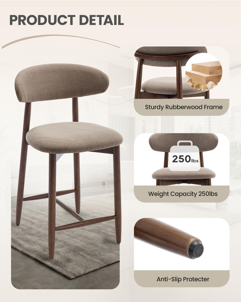 Bar Stools Set of 3, 25.6″ Counter Height Bar Stools with Wood Legs