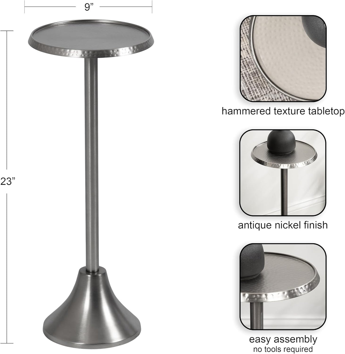 Kate and Laurel Sanzo Modern Pedestal Drink Table; 9 x 9 x 23; Antique Nickel; Decorative End Table with Hammered Tabletop for Use as Small Plant Stand or Living Room Martini Table