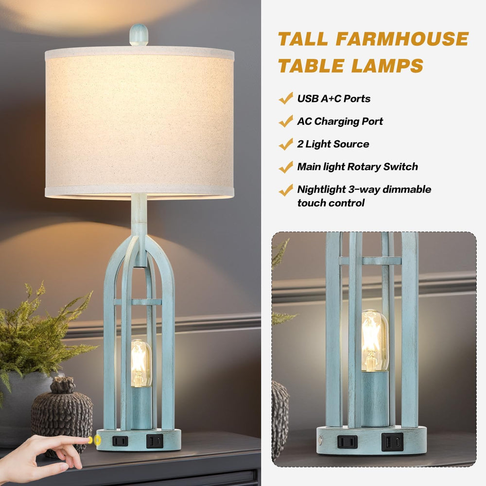 Cinyirong 27" Industrial Farmhouse Table Lamp,Vintage Rustic Blue Beside...