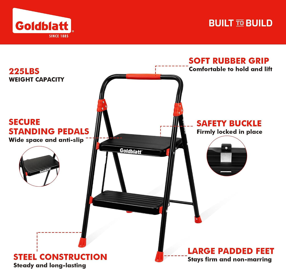 Goldblatt 2-Step Folding Step Stool Heavy Duty Steel Ladder, Auto-Lock Safety...