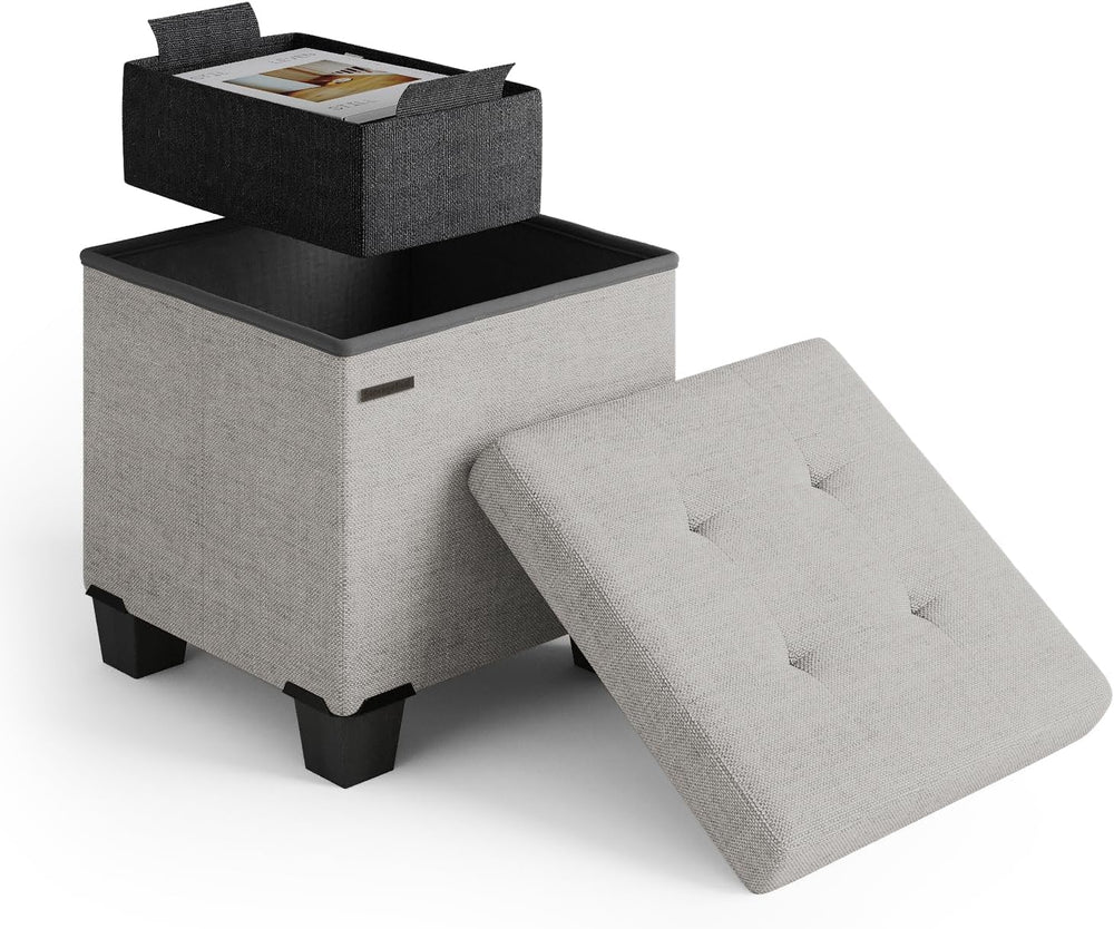 Storage Ottoman Cube with Small Bin, 15-in Square Ottoman with Storage for Li...
