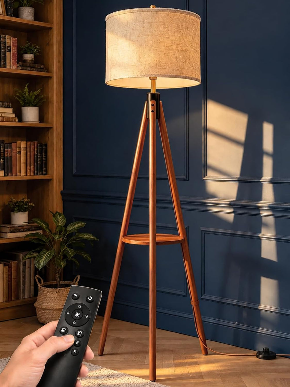 MOFFE Mid Century Solid Wood Tripod Floor Lamp with Tary & Remote Control