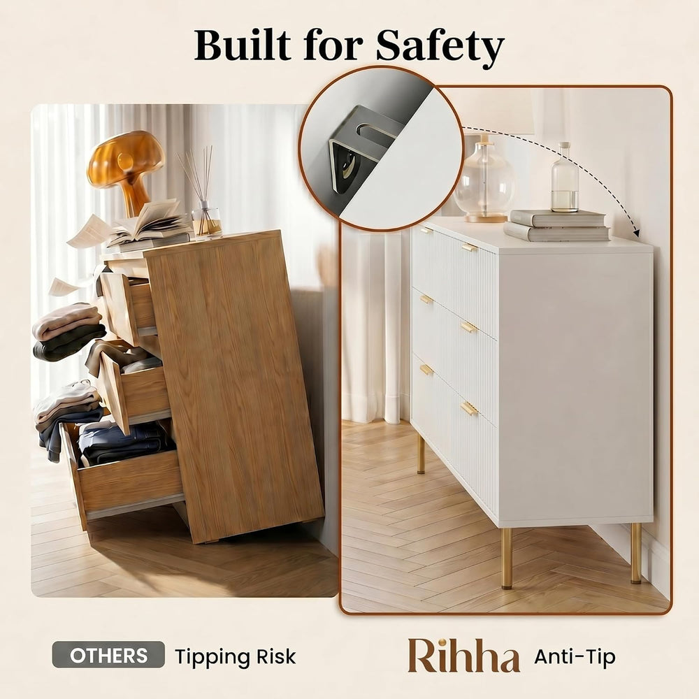 White and Gold 3-Piece Fluted Dresser and Nightstand Set for Bedroom