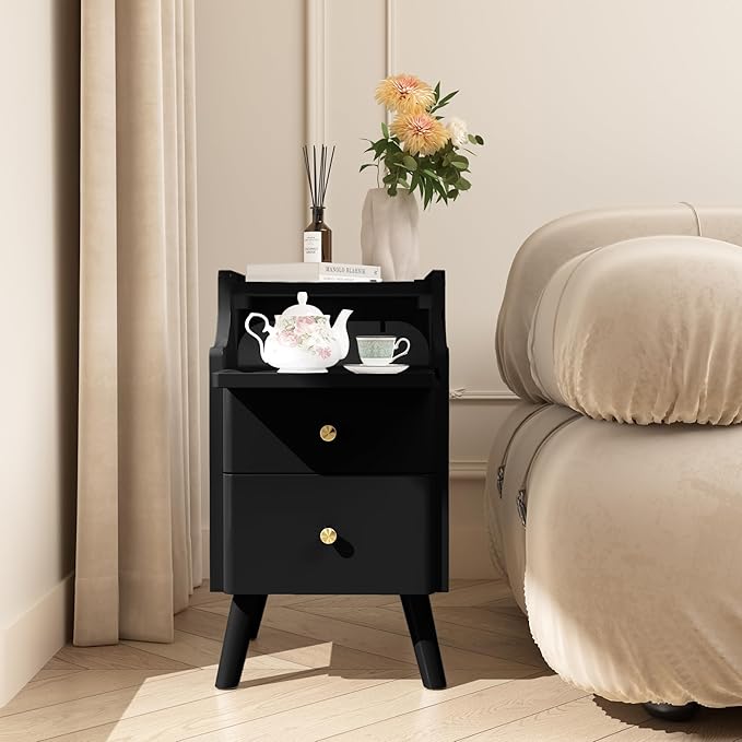 Narrow Nightstand, Solid Wood Night Stand with 2 Drawers, White Mid Century Modern Nightstand, Small Beside Table with Open Storage Shelf for Bedroom（12 inch