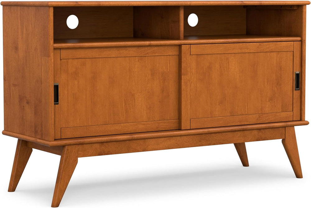 SIMPLIHOME Draper 54" Wide Solid Wood TV Stand in Teak Brown