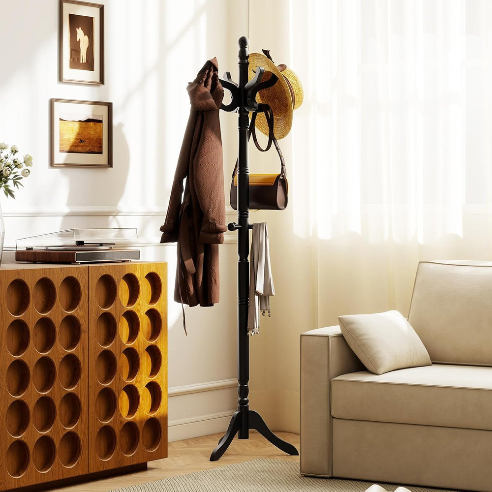 Tangkula Coat Rack Freestanding, Solid Rubber Wood Coat Tree with 11 Hooks an...