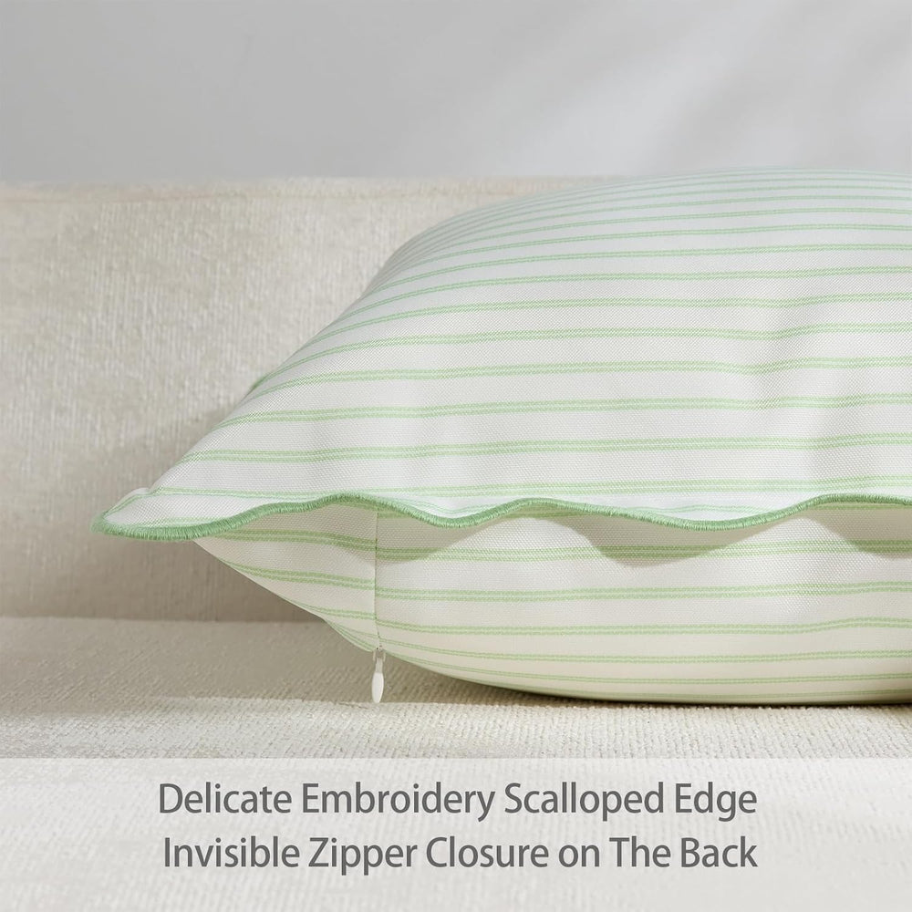 DEZENE 18x18 Green Outdoor Pillow Covers Pack of 2, Striped Scalloped Coastal...