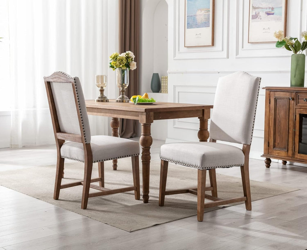 Shunzhi Farmhouse Upholstered Dining Chairs Set of 2 Mid Century Modern Dining Room Chairs Parson Linen Chairs Armless Kitchen Side Chairs with Wood Frame/High Back/Nailhead, Beige