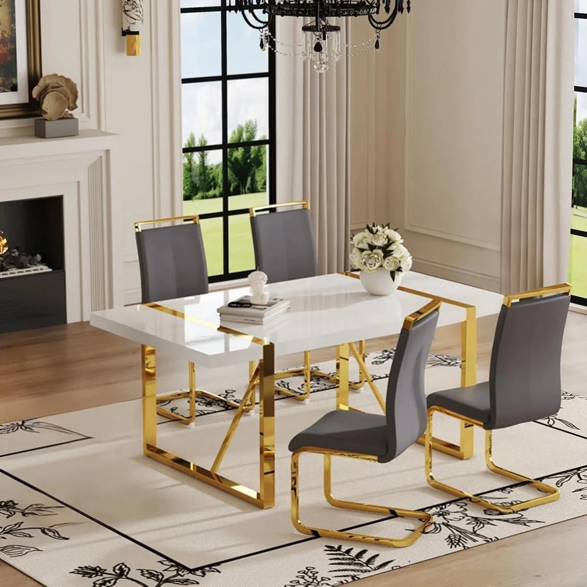 modern dining table set for 4, 55'' dining shown in use